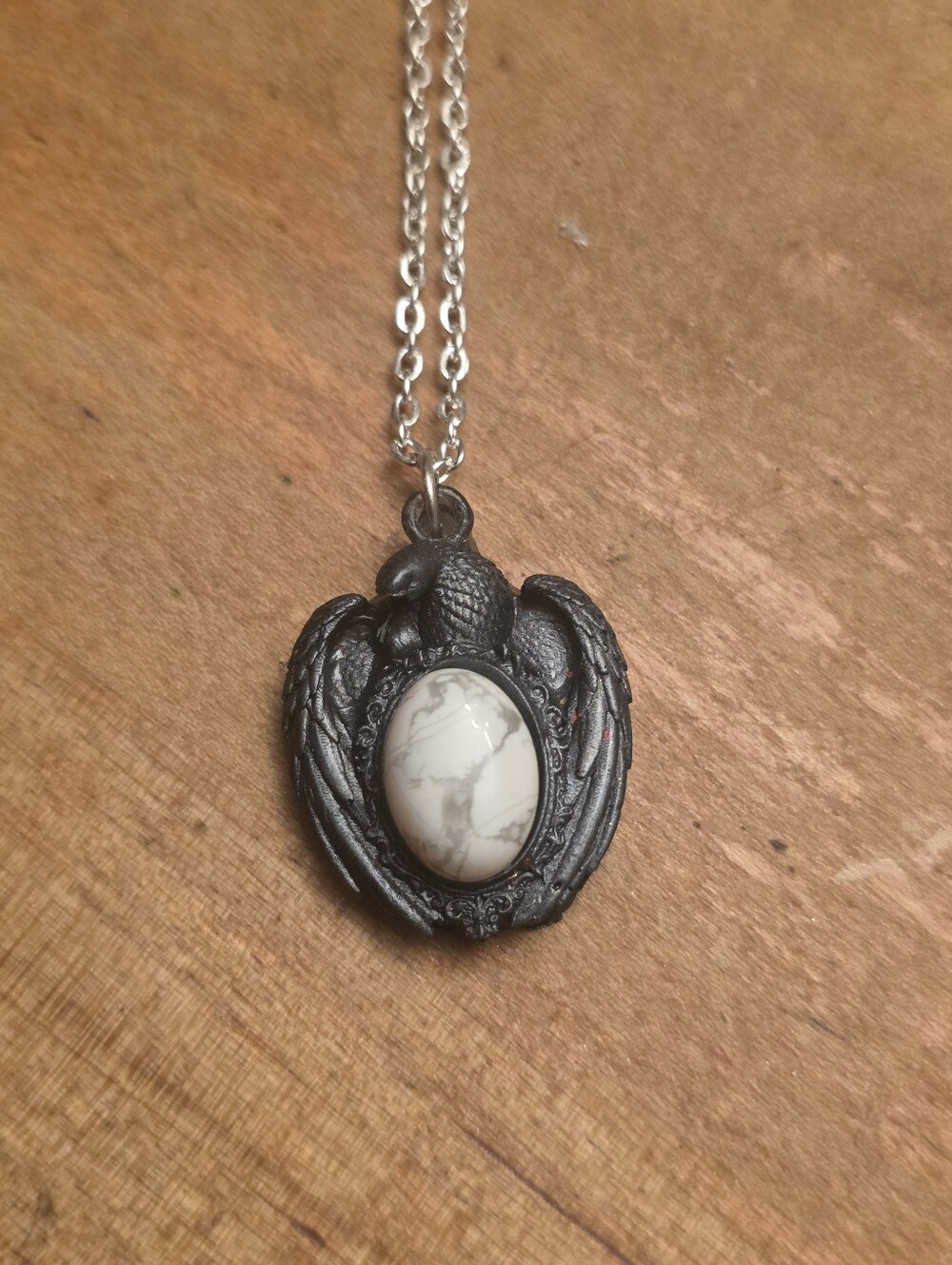 Resin Raven Pendant With Howlite Center Gemstone On Silver Tone Chain Necklace